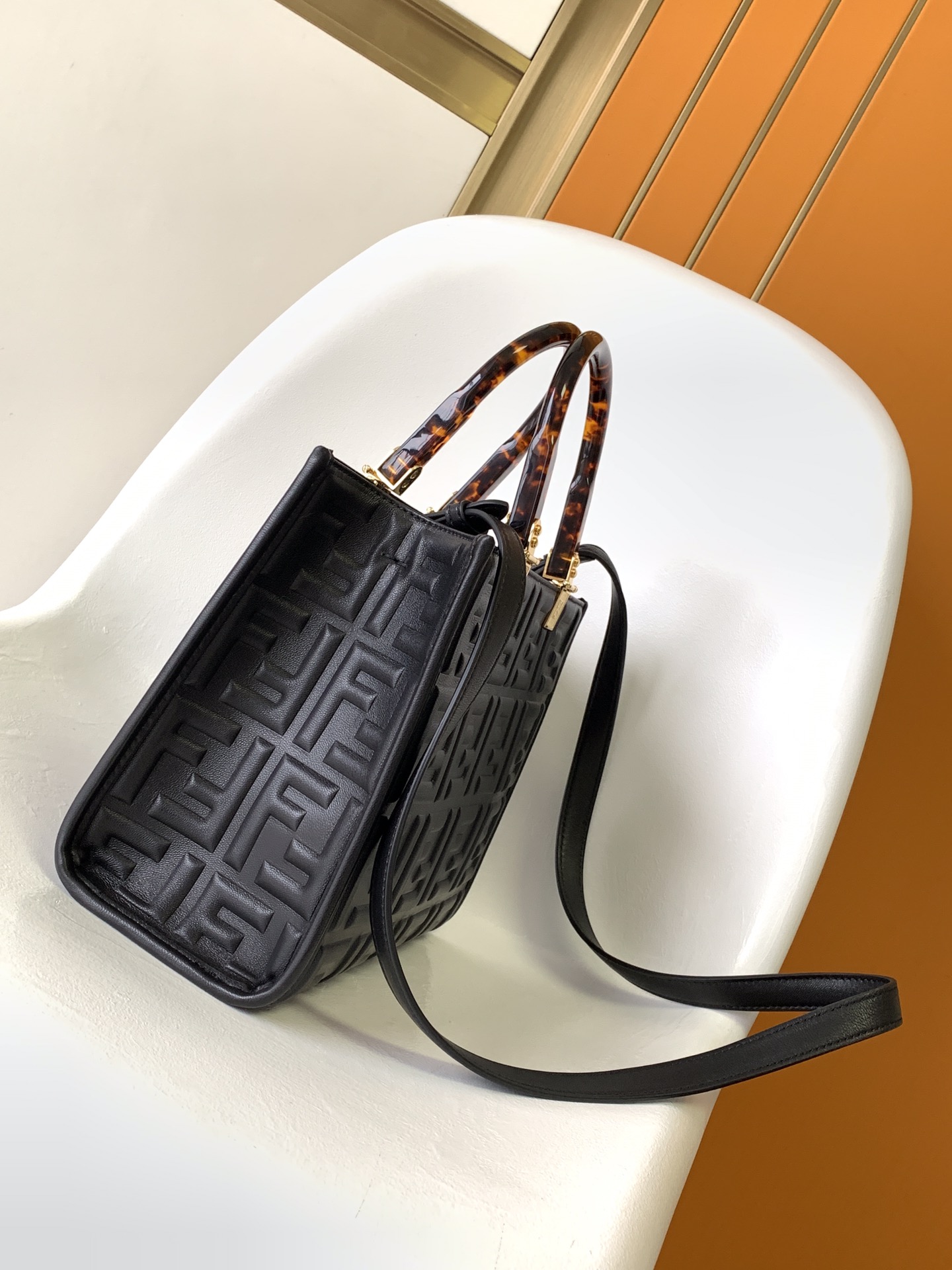 Fendi Small Sunshine Shopper Black Leather Bag with Raised 3D-texture FF Motif